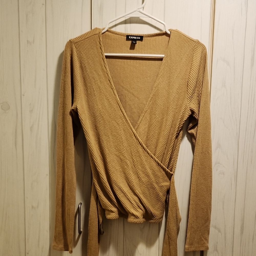 Express Tan Ribbed V-Neck Wrap Blouse